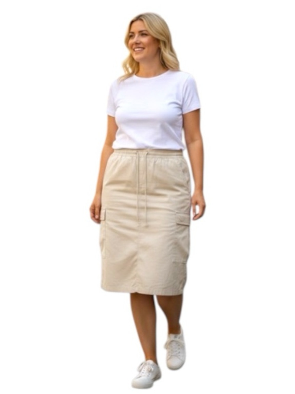 Dex Beige Cargo Midi Skirt Sz 2XL Pull on Drawstring Neutral Minimalist Staple